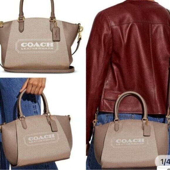Coach Elise Badge Jacquard Chalk Taupe Satchel Shoulder Bag, purse, - Picture 3 of 12